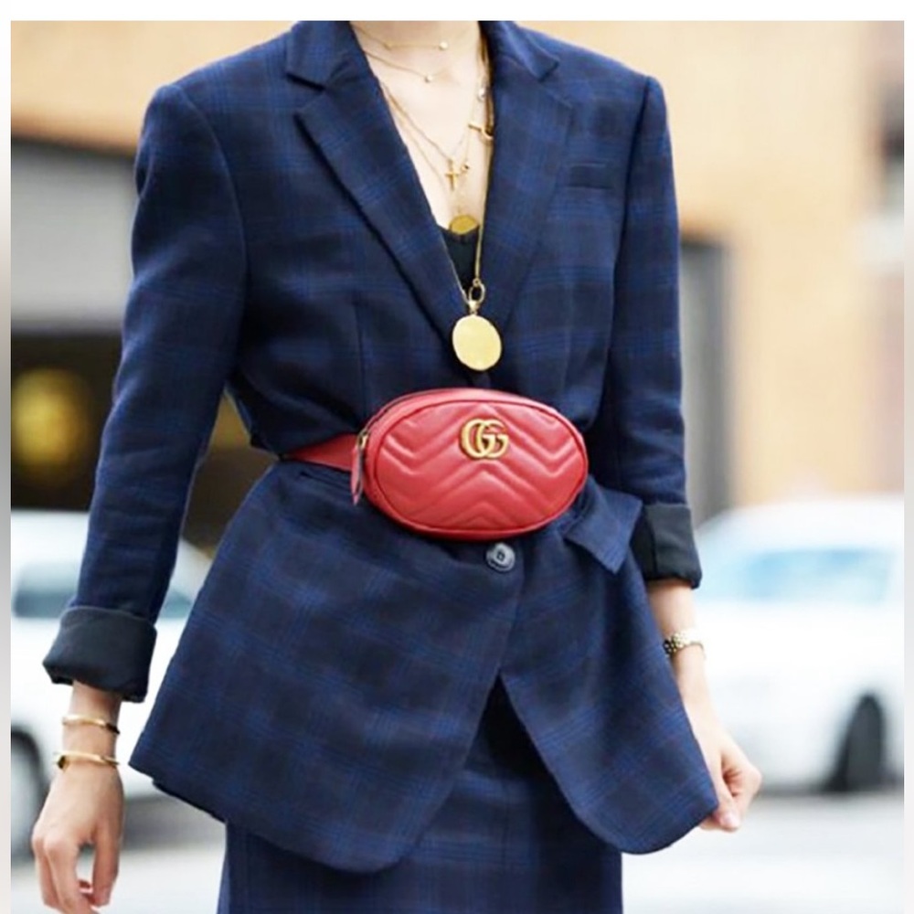 Gucci Marmont Red Matelasse Chevron belt bag
